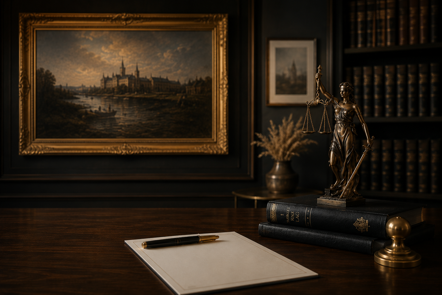 Justitia-staty, lagböcker och klassisk oljemålning i mörkt kontorsrum